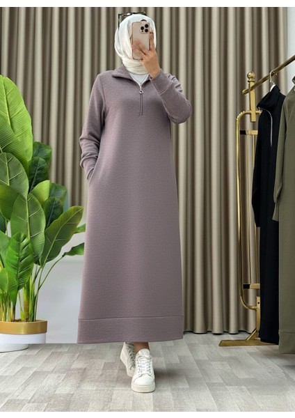 Fermuar Detaylı Cepli Spor Uzun Örme Tesettür Elbise modelleri