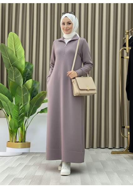 Fermuar Detaylı Cepli Spor Uzun Örme Tesettür Elbise indirimleri