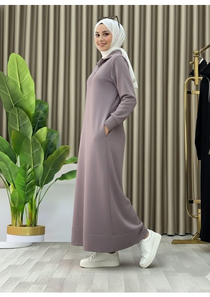 Fermuar Detaylı Cepli Spor Uzun Örme Tesettür Elbise