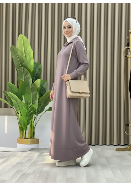 Fermuar Detaylı Cepli Spor Uzun Örme Tesettür Elbise
