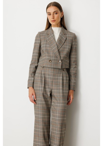 Kadın Ekoseli Crop Ceket 5075 Vizon