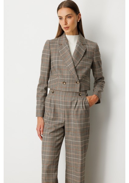 Kadın Ekoseli Crop Ceket 5075 Vizon fiyatları