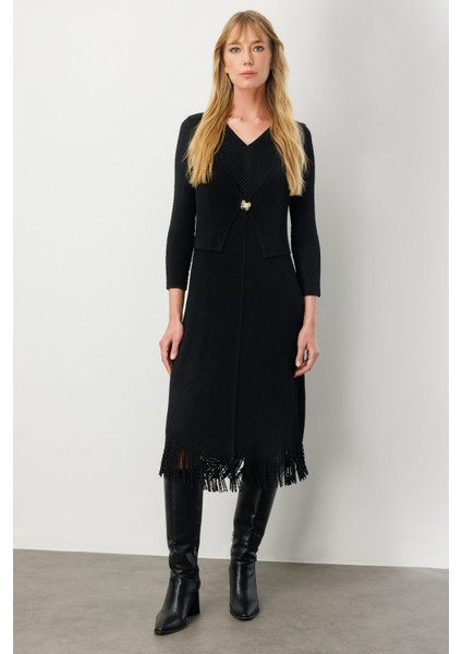 Kadın Kelebek Broşlu Püsküllü Elbise 4919 Siyah
