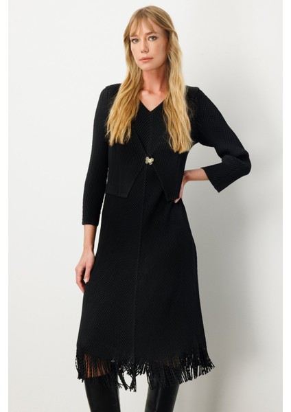 Kadın Kelebek Broşlu Püsküllü Elbise 4919 Siyah modelleri