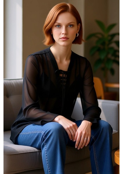 Kadın Şifon V Yaka Bağcıklı Uzun Kollu Dökümlü Bluz Kaliteli Şık Rahat Modern Zarif Günlük