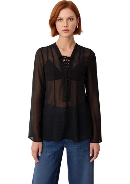 Kadın Şifon V Yaka Bağcıklı Uzun Kollu Dökümlü Bluz Kaliteli Şık Rahat Modern Zarif Günlük fiyatları