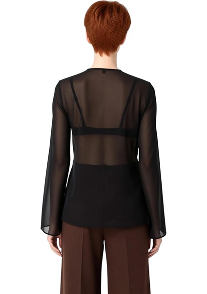 Kadın Şifon V Yaka Bağcıklı Uzun Kollu Dökümlü Bluz Kaliteli Şık Rahat Modern Zarif Günlük modelleri