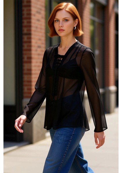 Kadın Şifon V Yaka Bağcıklı Uzun Kollu Dökümlü Bluz Kaliteli Şık Rahat Modern Zarif Günlük fırsatları