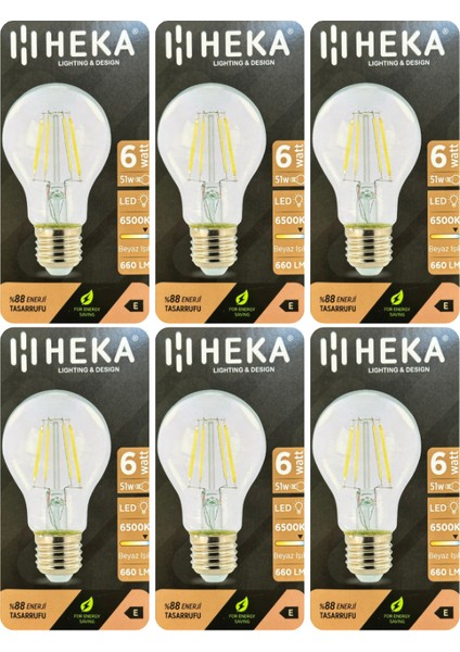 (6 Adet) Heka 6W (51W) 6500K (Beyaz Işık) E27 Duylu (Kalın Duy) LED Şeffaf Ampul