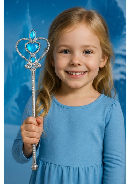 Frozen Elsa Temalı Mavi Kalp Taşlı Sihirli Asa Kız Çocuk Kostüm Aksesuarı - 31 cm