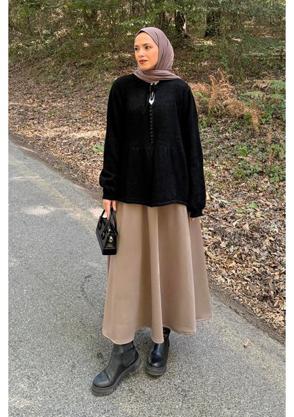 Yaka Bağlama Detaylı Kazak Siyah