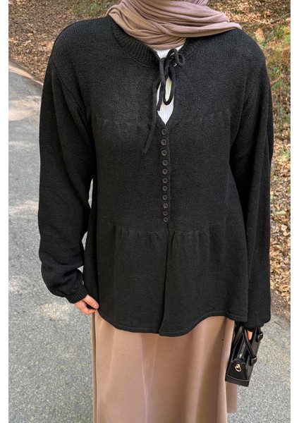 Yaka Bağlama Detaylı Kazak Siyah modelleri