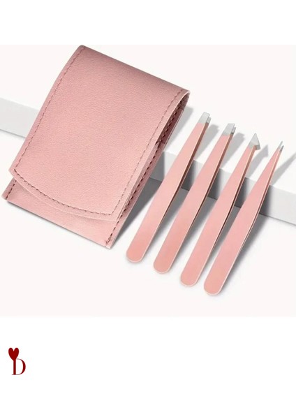 Cımbız Seti 4'lü Profesyonel Deri Çantalı Pembe Paslanmaz