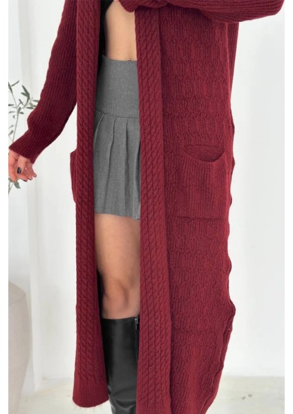 Kadın Yumuşak Dokulu Cepli Örgü Diz Altı Uzun Triko Hırka