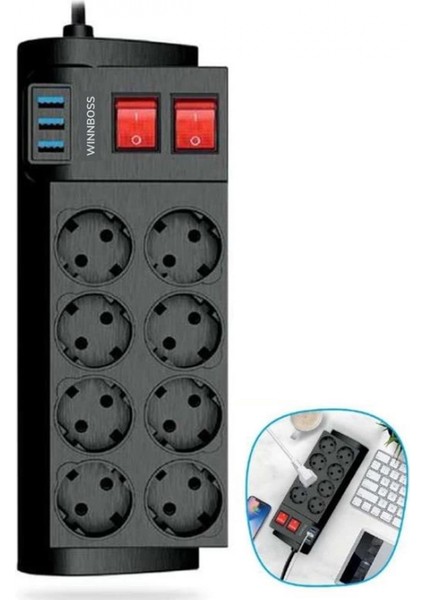 Isıya Dayanıklı Termal Akım Korumalı 2 Metre 16A 4000W 8li Priz ve 3 USB Li Uzatma Kablosu (K95) fiyatları