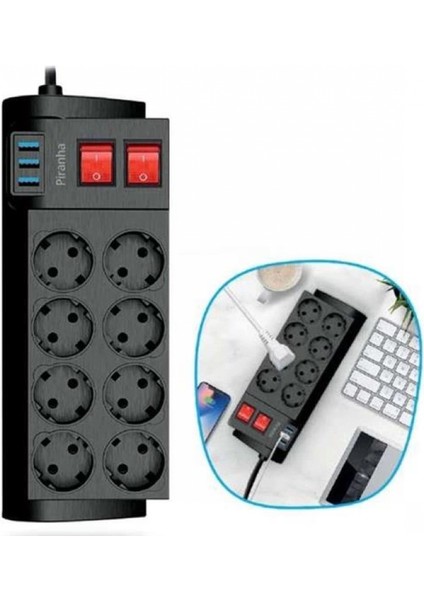 Isıya Dayanıklı Termal Akım Korumalı 2 Metre 16A 4000W 8li Priz ve 3 USB Li Uzatma Kablosu (K95) modelleri