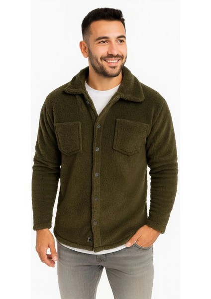 Erkek Pelüş Polar Hırka Gömlek – Yakalı, Ilik Düğmeli, Göğüs Cepli, Yumuşak Dokulu Kışlık Regular Fit Rahat Günlük Model - Haki