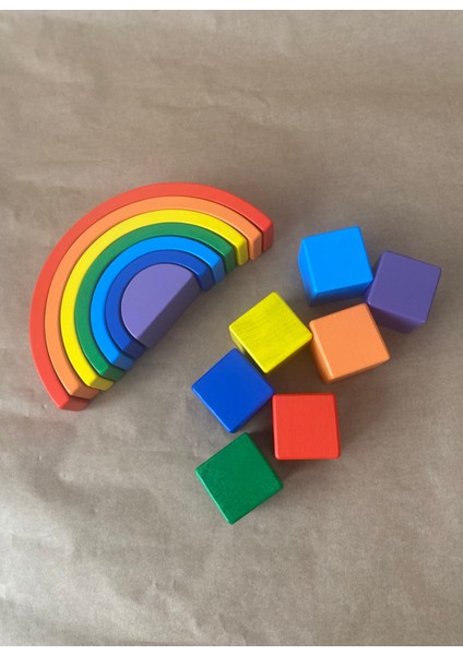 Waldorf Gökkuşağı Ahşap Küp Seti Eğitsel Ahşap Oyuncak, Ahşap Gökkuşağı ve Küp Seti 7'li