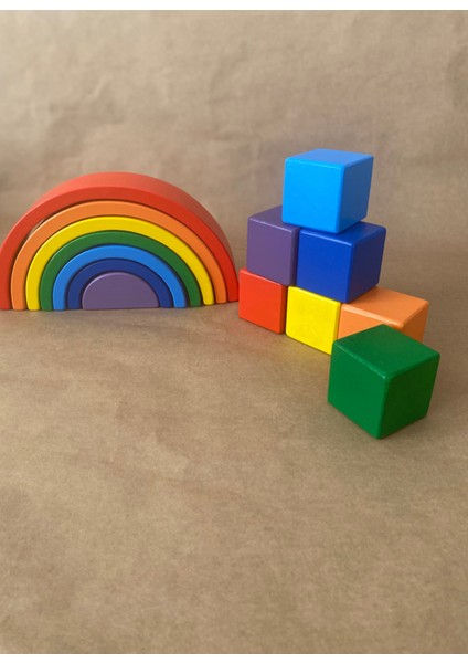 Waldorf Gökkuşağı Ahşap Küp Seti Eğitsel Ahşap Oyuncak, Ahşap Gökkuşağı ve Küp Seti 7'li modelleri