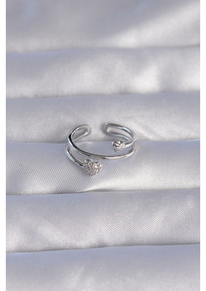 Pirinç Gümüş Renk Zirkon Taşlı Kalpli Model Ayarlanabilir Yüzük fiyatları