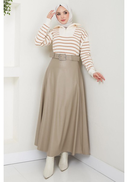 Kemerli Deri Etek Krem HM2641