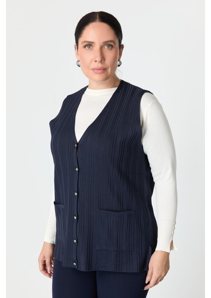 Büyük Beden Cep Detaylı Triko Yelek-Lacı