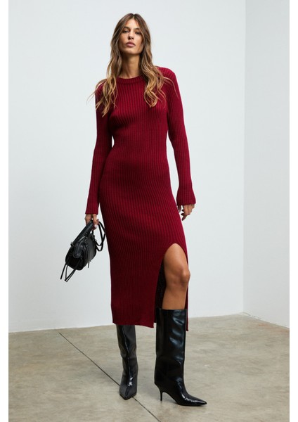 Soreya Kadın Yuvarlak Yaka Çizgi Desenli Yırtmaçlı Slim Fit Triko Bordo Elbise fiyatları