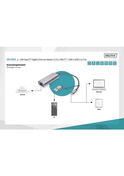 DN-3028 USB Tip C™ Gigabit Ethernet Adaptörü 2.5g, Usb-C™ + Usb-A (Usb 3.1-3.0)