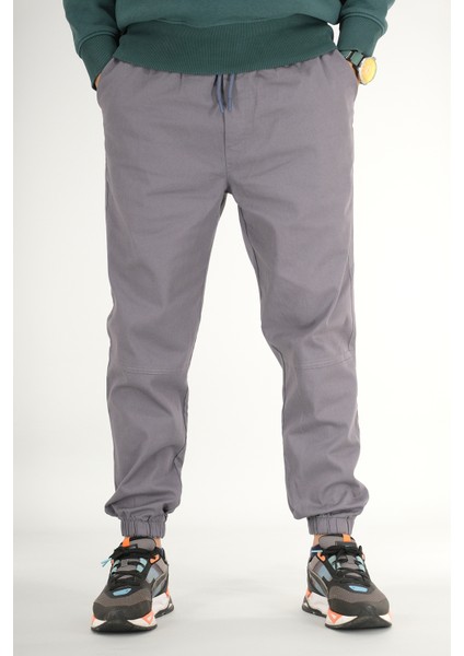 Erkek Füme Jogger Pantolon Rahat Kesim Pamuklu Lastikli Paça Ipli
