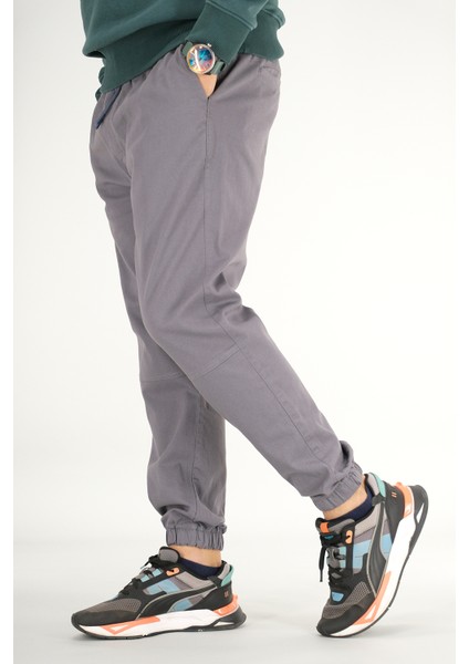 Erkek Füme Jogger Pantolon Rahat Kesim Pamuklu Lastikli Paça Ipli