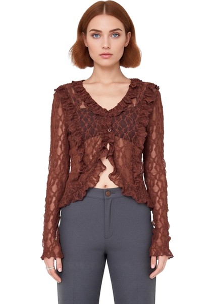 Kadın Crop Bluz V Yaka Fırfır Detaylı Flare Kol Esnek Örme Kumaş Kaliteli Şık Rahat Modern fiyatları