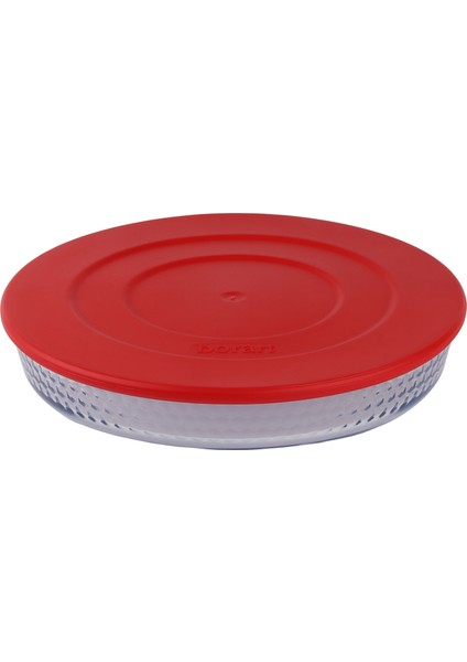 Kırmızı Plastik Kapaklı Petek Desenli Yuvarlak Büyük Cam Tepsi