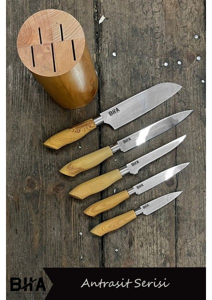 5 Parça Standlı Bıçak Seti - Et Ekmek Sebze Günlük Kullanım Mutfak Çeyiz Bej