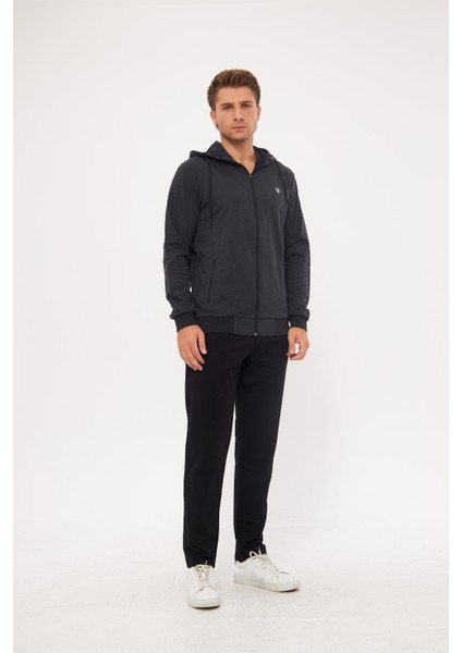 Erkek Pamuklu Tam Fermuarlı Kapüşonlu Eşofman Takımı Siyah 5296-S