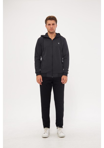 Erkek Pamuklu Tam Fermuarlı Kapüşonlu Eşofman Takımı Siyah 5296-S fırsatları
