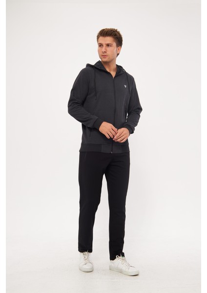 Erkek Pamuklu Tam Fermuarlı Kapüşonlu Eşofman Takımı Siyah 5296-S indirimleri