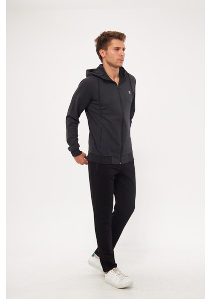 Erkek Pamuklu Tam Fermuarlı Kapüşonlu Eşofman Takımı Siyah 5296-S