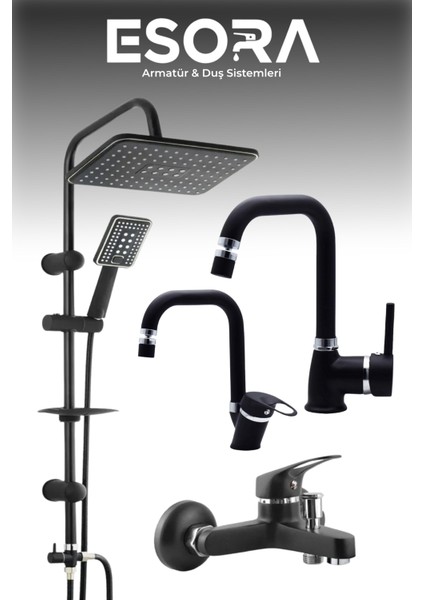 Siyah Robot Duş Seti , Siyah Köşe Borulu Eviye , Lavabo , Banyo Bataryası 4’lü Set