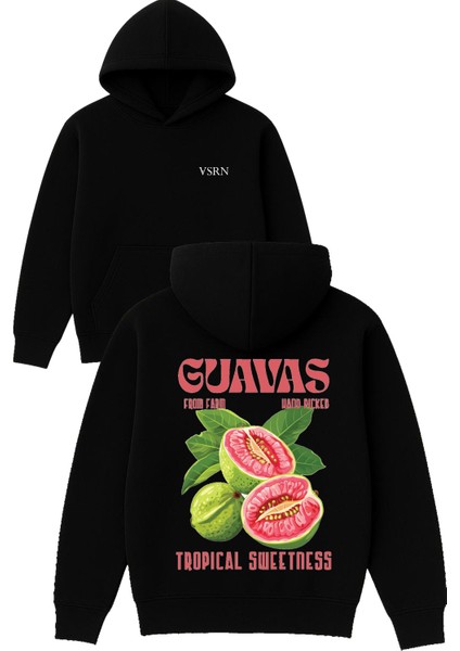 Guavas Tropıcal Sweetness Tasarım Baskılı Oversize Siyah Kapüşonlu Sweatshirt