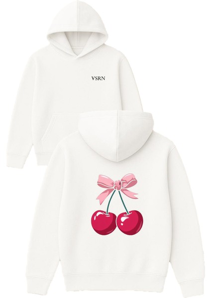 Kiraz Tasarım Baskılı Oversize Beyaz Kapüşonlu Sweatshirt