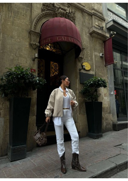 Kaşe Kaşmir Fermuarlı Ceket - Bej indirimleri