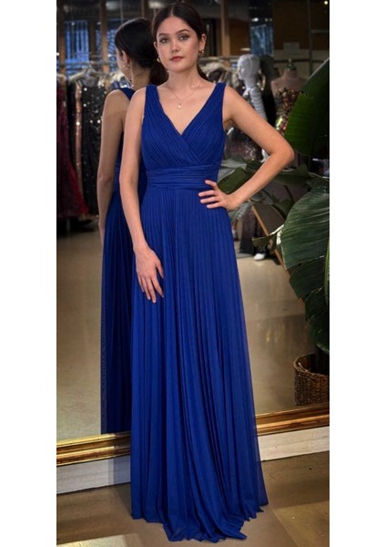 Saks V Yaka Kalın Askı Kloş Etekli Şifon Uzun Abiye Elbise 11098-06