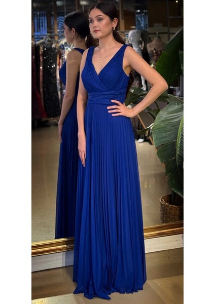 Saks V Yaka Kalın Askı Kloş Etekli Şifon Uzun Abiye Elbise 11098-06 fiyatları