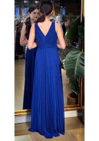 Saks V Yaka Kalın Askı Kloş Etekli Şifon Uzun Abiye Elbise 11098-06 fırsatları