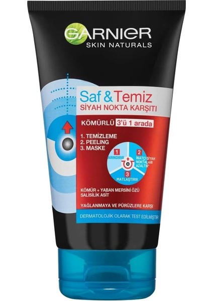 Skin Naturals Saf & Temiz Siyah Nokta Karşıtı Kömürlü 3'ü 1 Arada (150 Ml)