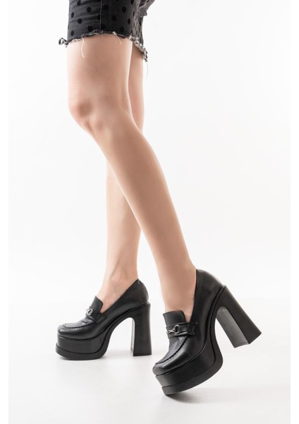Kadın Mila Loafer Model 12 cm Platform Topuklu Ayakkabı Siyah Cilt
