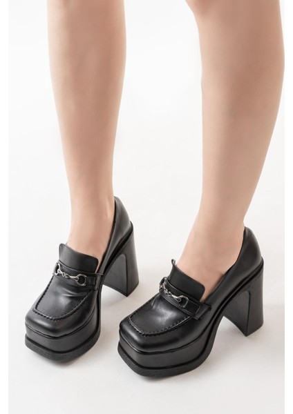 Kadın Mila Loafer Model 12 cm Platform Topuklu Ayakkabı Siyah Cilt fiyatları