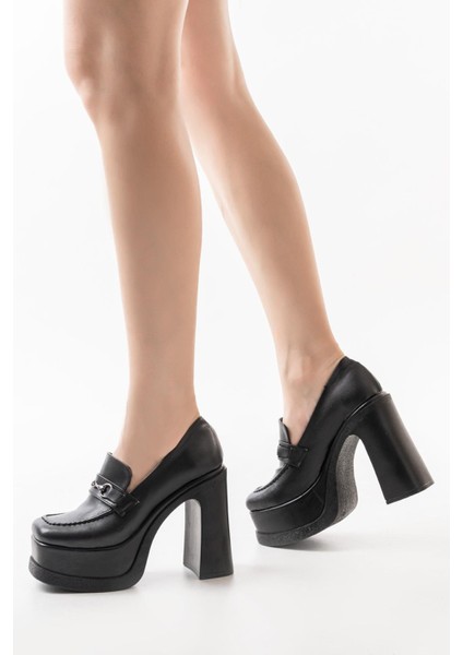 Kadın Mila Loafer Model 12 cm Platform Topuklu Ayakkabı Siyah Cilt modelleri