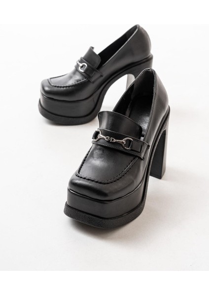 Kadın Mila Loafer Model 12 cm Platform Topuklu Ayakkabı Siyah Cilt fırsatları