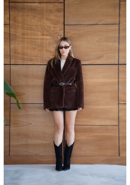 Suni Kürk Uzun Kollu Astarlı Blazer Ceket Kışlık Şık Kadın Peluş Ceket